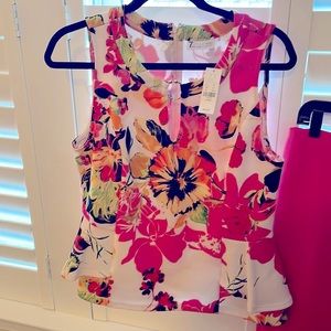 Women's Pink New York & Co. White and Pink Floral Sleeveless Top